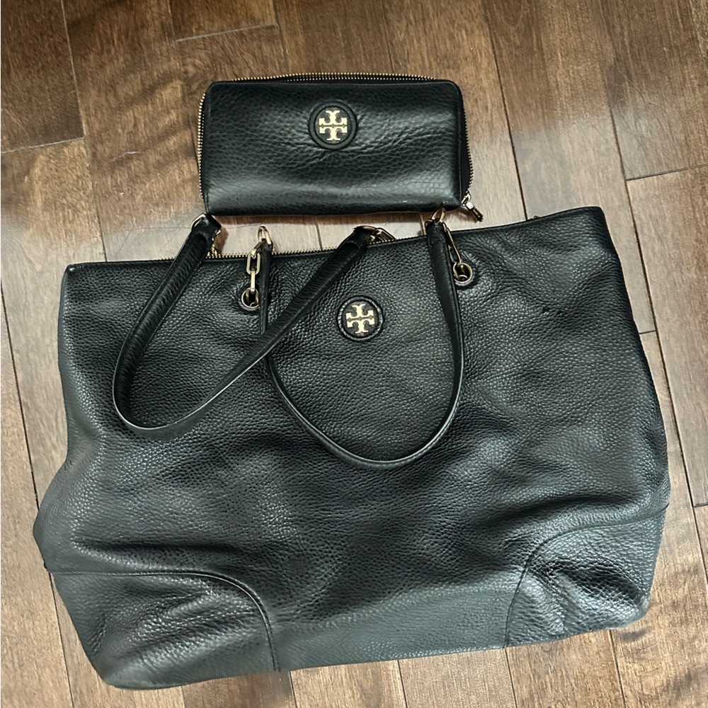 Tory Burch Black Leather Tote and Wallet Set